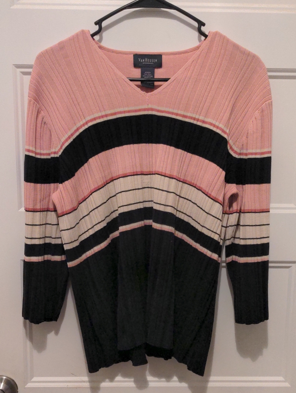 Van Heusen Silk Cotton Blend Striped V-Neck Ribbed Knit Sweater XL Pink Black